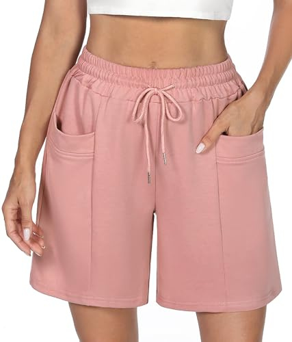 Demegimi Sportshorts för kvinnor sommar damshorts med 2 fickor justerbara byxor träningsoverall yoga fitness, Rosa, XL
