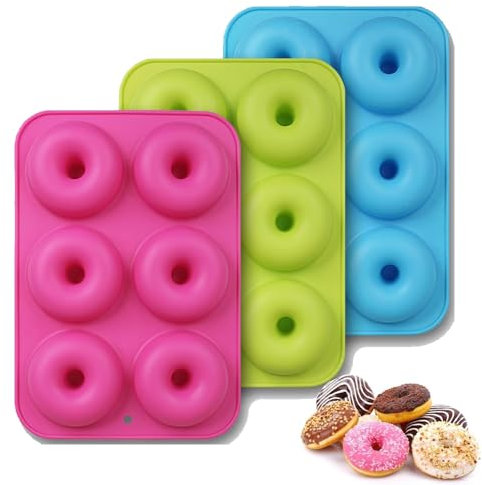 Exsbtay 3 Piezas Molde Donuts Silicona, 6 Cavidades Moldes Donuts Silicona, Antiadherentes Molde Silicona Donuts, Bandeja para Hornear Rosquillas, Magdalenas, Bagels, Pasteles