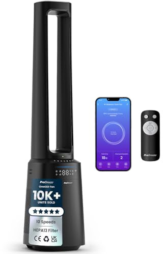 Pro Breeze® OmniAir 41 Smart Bladeless Tower Fan with Air Purifier - Silent Standing Portable Circulator with Remote Control, Wi-Fi, HEPA Filter, LED Display, 10 Fan Speeds, 5 Modes & 60° Oscillation