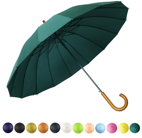SoulRain 16 Rippen 121,9 cm Stockschirm, automatisches Öffnen, einfarbig, modisch und einfach, bogenförmiger klassischer Holzgriff, winddicht, unzerbrechlich, Regenschirm (Dunkelgrün)