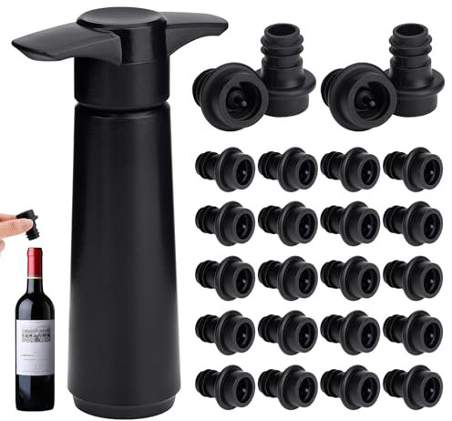 Pompa per Vuoto Vino con 24 Tappi Tappo Bottiglia Vino Riutilizzabile Per Mantenere Freschezza Del Vino, Accessori Vino, Nero