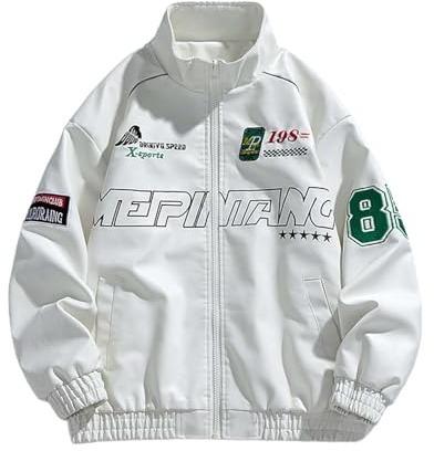 College Jacke Herren, Herren Vintage College Jacke Casual Baggy Baseball Gebatikt Hip Hop Streetwear Mode Stehkragen Racing Motorcycle Jacket mit Tasche Knöpfe Unisex Leicht Atmungsaktiv Sportjacke