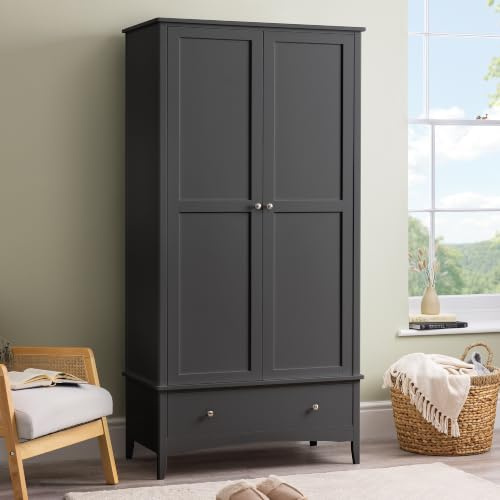 CHRISTOW Double Wardrobe, Clothes Rail & Drawer, Black | 2 Door Bedroom Storage, Clothes Rail & Shelf, Bottom Storage Drawer, Durable MDF, Soft-Close Hinges, H185cm x W94.5cm x D50cm