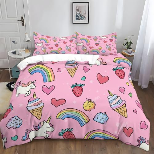 Bedding Set Copripiumino 220x230cm 3D Stampa Cartone Animato Unicorno Gelato Cuore Morbida Microfibra Ipoallergenico Biancheria da Letto Set 3 Pezzi con Chiusura a Cerniera e 2 federe Cuscino