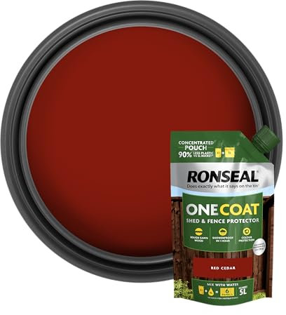Ronseal One Coat Shed & Fence Pouch Cedar Red 950ml - Mix with Water to Make 5 Litres of Paint for Effortless Coverage and Long-Lasting Protection