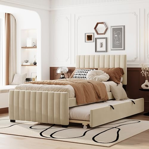 Huayz Letto singolo imbottito 90 x 200 cm, letto per ragazzi, struttura con rete a doghe e letto estraibile, letto per gli ospiti, lettino per bambini, tessuto di velluto, senza materasso (beige)
