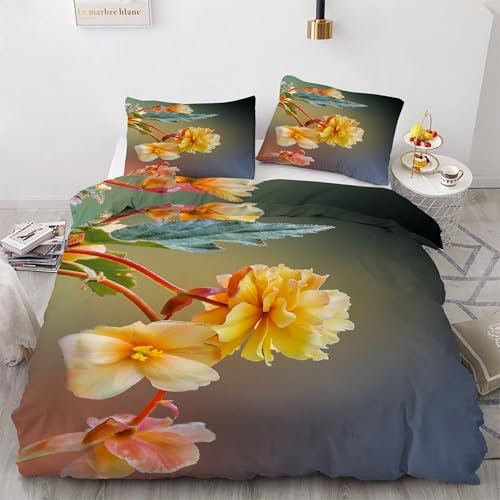 Generisch BettwäSche 200x220 Begonie Bettbezug Set 3 Teilig Blumen Flauschig BettbezüGe und 2 Kissenbezug 80x80, Allergiker BettwäSche-Sets Weiche Microfaser mit ReißVerschluss HR1535