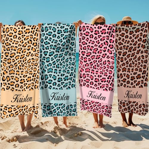 Solutra Personalisiert Strandtuch Badetuch mit Namen, Mikrofaser Handtuch Personalisiert Geschenke, Schnell Trocknendes Leichtes Strandhandtuch für Erwachsene Kinder(Leopardenmuster)