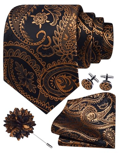 Gusleson Mens Black Gold Tie for Party Wedding Paisley Necktie Pocket Square Cufflinks and Lapel Pin Brooch Set (UK6111-16)