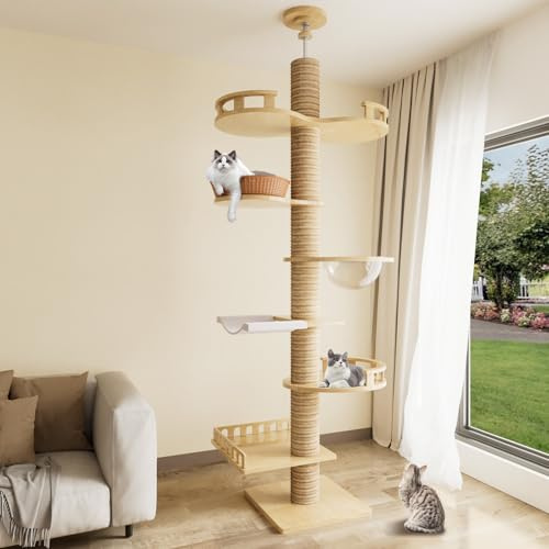 Romiromi Kratzbaum,7 Etagen 250-260cm Höhenverstellbar Kratzbaum Deckenhoch,mit 6 Plattformen,Transparente Raumkapsel, Katzenkäfig und Gemütlicher Hängematte