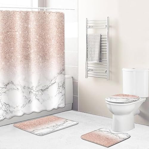 Badgarnitur 4 Teilig Badezimmerteppich Waschbar Badematte rutschfest,Wc Vorleger Mit Ausschnitt Badematte Und Duschvorhang,Badvorleger Toilette Teppich 45X75Cm Rosa Marmor