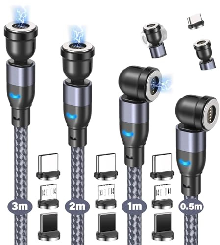 TUNKIA 5Pin Magnet Ladekabel, 3 in 1 Magnetisches Ladekabel 4Stück (0.5m/1m/2m/3m), 360° und 180° Drehba USB 18W Datenübertragungs Magnetisches Kabel für Smartphone
