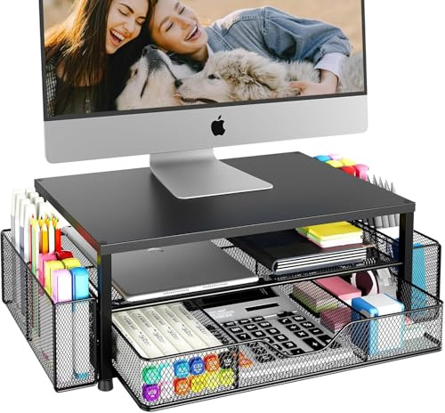LOFTORY Monitor Stand Riser with Drawer & Pen Holders – Ergonomic Laptop Stand for Desk, Metal Computer Stand Organizer for Office Supplies, Space-Saving Desktop Accessories
