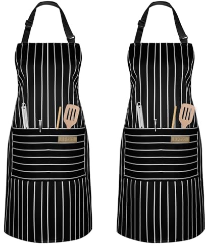 Vicloon Köksförkläde, 2 stycken justerbara förkläden med 2 fickor, maskintvättbar, färgbeständigt förkläde för män kvinnor kök restaurang café, 2 st breda svarta ränder, One size