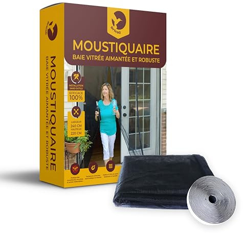 Moustiquaire baie vitree coulissante 240x220 - Aimantée en Fibre de Verre - Fermeture automatique - magnétique - Maille Ultra Fine laisse passer l'Air Frais - Robuste et Facile à Installer - Noir
