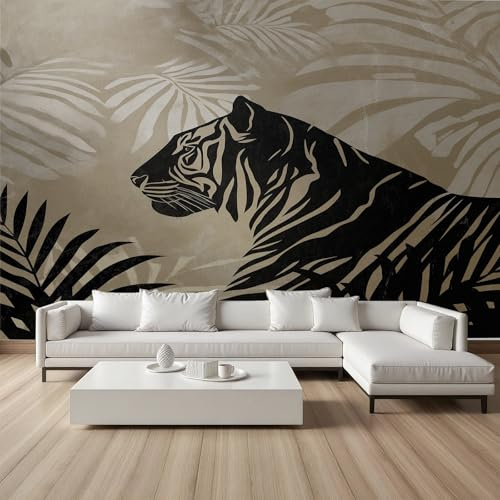 Papier Peint 350x256 cm Tigre Feuille de Palmier Papier Peint Tapisserie Animaux Sauvages Noir et Blanc Moderne Wallpaper Autocollant Amovible Panoramique pour Salon Chambre Bureau Adhesif Meuble