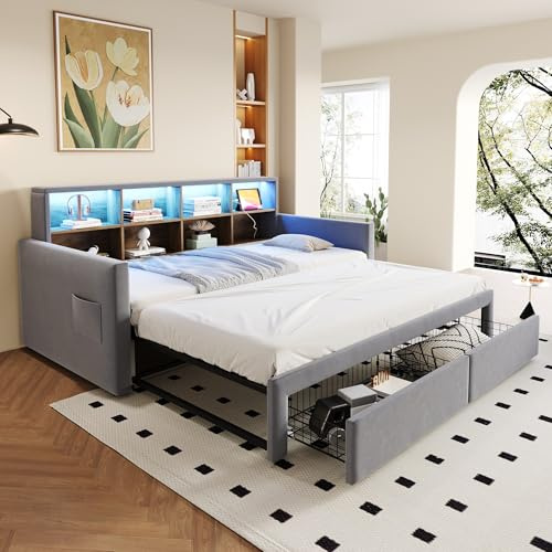 Lahoomu Ausziehbares Polsterbett Schlafsofa 90/180x190cm, Kopfteil mit integrierten Staufächern, LED-Lichtleiste und Ladesteckdosen, Samtstoff Hellgrau, Mit Zwei Schubladen und Lattenrost