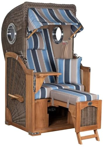 Strandkorb Düne Single Volllieger | Teak-Echtholz PE-Rundgeflecht Grey | Luxus Einsitzer Gartenkorb Bullauge | Wetterfest Polyrattan Strandstuhl | Outdoor Relaxsessel Edelstahl-Beschläge Dessin 580