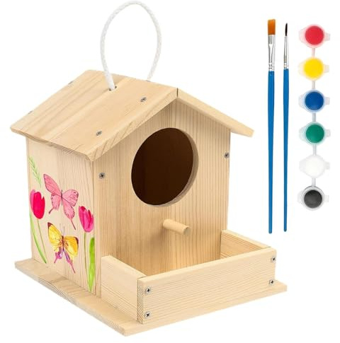 Fågelhus byggsats – 17,3 x 17 x 15 cm egenbyggd, naturlig träfärg dekoration | pysselset för vårodling kanariefåglar vardagsrum inomhus utomhus, voljärträdgård