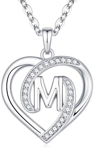 Turandoss Kette Herz Damen Halskette Silber - 14K Weißgold Vergoldet Herz Zirkonia Anhänger Kette mit Buchstaben Damen Jahrestag Geburtstag Geschenk für Frauen Freundin Mama Mädchen Schmuck