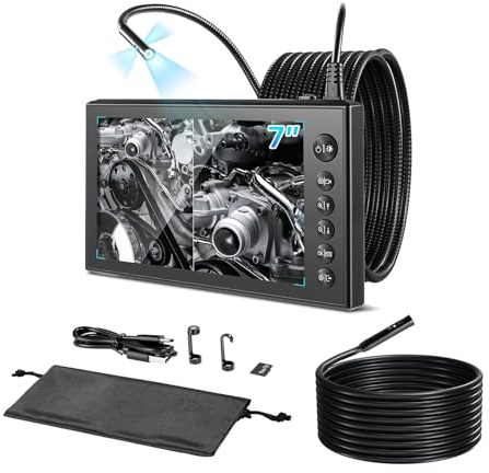 VEVOR Caméra Endoscopique Triple Objectif Endoscope Écran IPS HD 7 Pouces Caméra Inspection pour Canalisation et Automobile, avec Câbles 5 m + 3 m, 8 + 2 LED, Zoom 8X, Batterie 5000 mAh, Sonde IP67