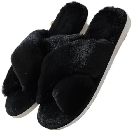 Zapatillas Esponjosas Cruzadas Zapatilla de casa for mujer, borrosa, invierno, cálida, felpa, suelo interior, antideslizante, zapatos for el hogar, calzado plano for , chanclas peludas(Black,40-41)