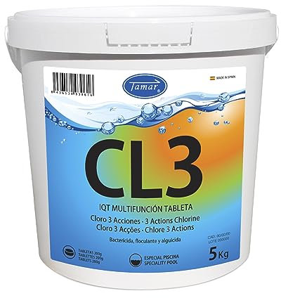 Tamar Cloro 3 Acciones, Tabletas Multifuncion de 200 grs, Pastillas de disolución Lenta, biocida Especial multiacción, 3 Efectos, Mantenimiento Piscina, desinfectante, clarificante, alguicida 5 Kilos