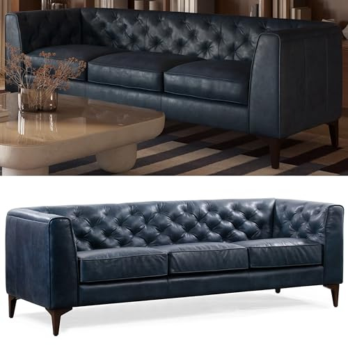 POLY & BARK Essex 89” Full-Grain Italian Leather Sofa – Tufted Back, Feather-Down Comfort, Solid Wood Frame, Midnight Blue