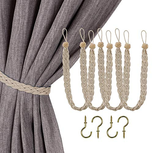 Home Queen Hand Braided Curtain Tie Back, Buckle Holdback Drapery Curtain Tiebacks, 4 Rope Belt Curtain Tie with 4 Metal Hooks, Taupe (Light Gold)