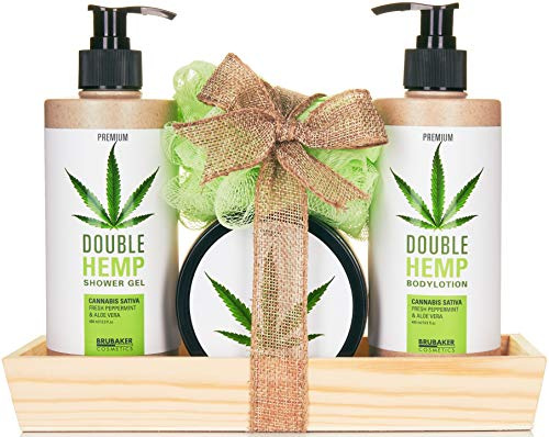 BRUBAKER Cosmetics Hanföl Dusch- und Pflege Set frische Minze & Aloe Vera mit Deko Tablett aus Holz - White Edition
