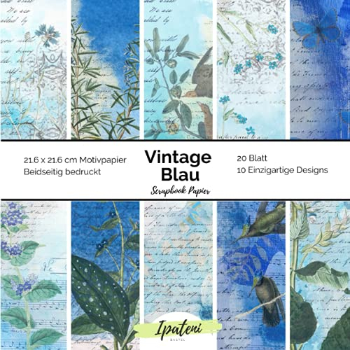 Scrapbook Papier Vintage Blau: Motivpapier Beidseitig Bedruckt Vintage Papier zum basteln 20 Blatt 21.6 x 21.6 cm Blau Bastelpapier für vielfältige Bastelarbeiten