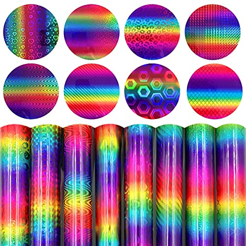 Voyyphixa 8pcs DIY Vinyl Regenbogen Holografische Vinylfolie Adhesive Vinyl Glitter Laser Rainbow Permanent Vinyl Bedruckbar fuir Plotter Folie Selbstklebend Wasserdicht Aufkleber (Holographic Vinyl)