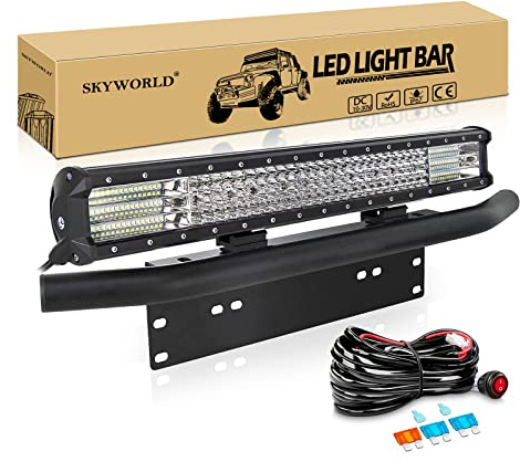 SKYWORLD LED-Lichtleiste, 59 cm 570W Spot-Flut-Kombistrahl, Arbeitslampe mit schwarzem Nummernschild-Montagehalterung, 12 V Kabelbaum-Set, EIN-/Ausschalter für LKW Auto ATV SUV 4X4