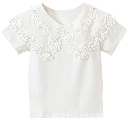 aromm Blusa Manga Corta para Niña Pequeños Tops de Algodón Uniforme Escolar Camisa Encaje Bordado Cuello de Muñeca(Blanco,160,10-11 años)