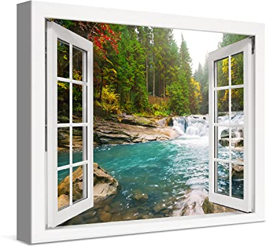 PICANOVA – Bosque Río Cascada Ventana 40x30cm – Cuadro sobre Lienzo – Imagen Impresión Montado sobre Marco De Madera – Cuadro Decoración Moderno para Salón o Dormitorio – Colección Bosque