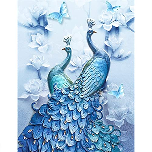 Diamond Painting Diamant Bilder Full Blauer Pfau 5D DIY Diamant Malerei Kinder Erwachsene Mosaik Strass Basteln Dekoration für Wohnzimmer oder Schlafzimmer Wall Décor 40x60cm/16x24inch Round Drill