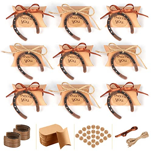 OurWarm 20pcs Lucky Horse Shoes Set, Bronze Metal Mini Craft Horseshoes, Kraft Pillow Candy Boxes, Thank You Tags, Jute Twine & Ribbons, Rustic Vintage Wedding Favors