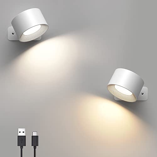 Mexllex 2PCS LED Wall Light Indoor, Rechargeable 360°Rotatable Touch Control Lamps, 3 Brightness Levels Color Modes, Wireless Mounted, Reading Lights for Bedroom Bedside Lamp-White