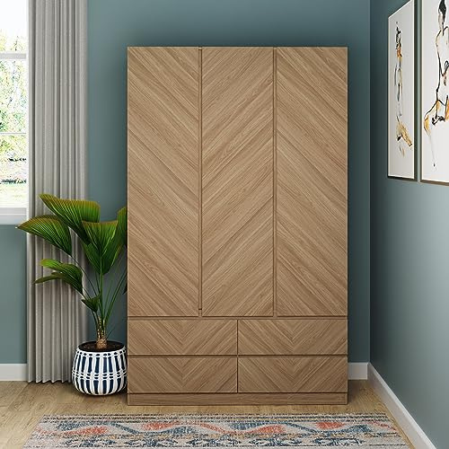 GFW Catania 3 Door 4 Drawer Wardrobe, Euro Oak Bedroom Wardrobe with Herringbone Wood Grain Finish, Hanging Rails and Storage Drawers