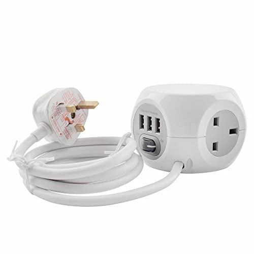 Cube - Multipresa Elettrica, Prolunga Elettrica con 3 Prese UK 13 Amp, 3 Porte USB, Cavo da 1,4 m, Colore: Bianco