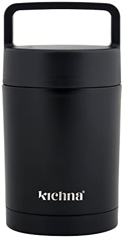 Kichna Vacuum Double Walled Stainless Steel thermal Food Flask Tub | BPA Free Lid Leak & Spill Proof Jar with Handle | Keeps Cold for 6Hrs or Hot for 6Hrs - Onyx Black