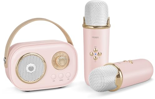 PRUNUS Karaoke Maschine Kinder mit 2 Mikrofonen, Mini Karaoke Set mit Stereosound und Heavy Bass für Heimparty, Geschenk für Brithday, Weihnachten, mit 6 Soundeffekten für Mädchen und Jungen. (Rosa)