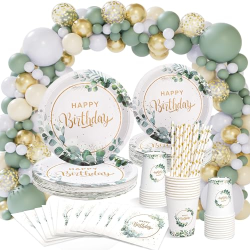 Kit Vaisselle de Fête pour Fille - Assiettes Vertes, Arche Ballon pour Décoration Anniversaire (16 Invités)