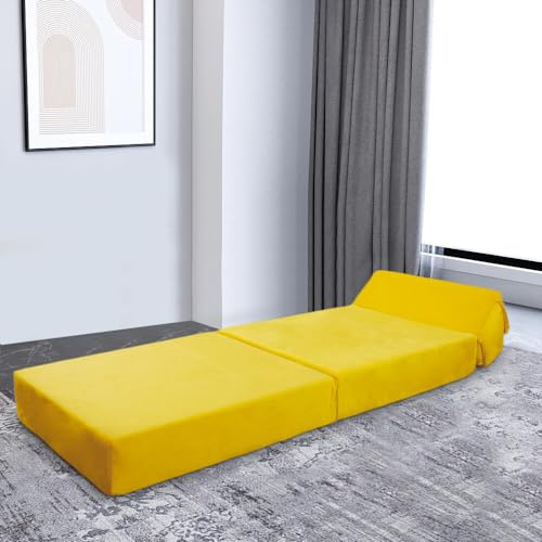 Panana Adult Sofa Futon Z Bed,Jumbo Cord Soft Velvet Premium Material Single Fold Out Mattress Sleepover Chair Living Room Bedroom Toddler Furniture,Yellow