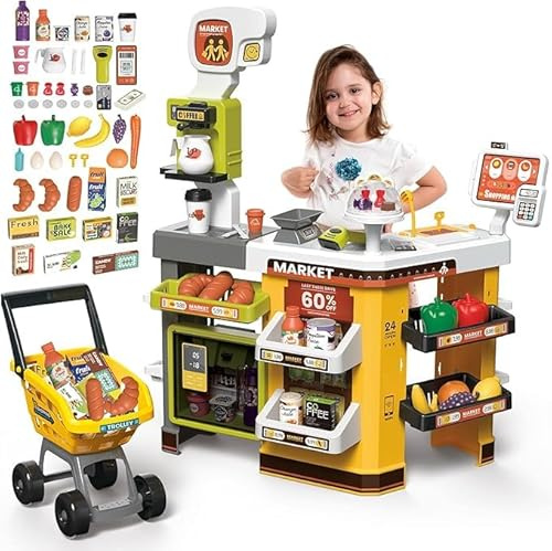 deAO Supermercato Con Carrello Della Spesa, Registratore Di Cassa, 65pcs Accessori Per Negozi, Registratore Di Cassa Con Scanner E Suono, Negozio Giocattolo Per Bambini Da 3 Anni, Compleanno