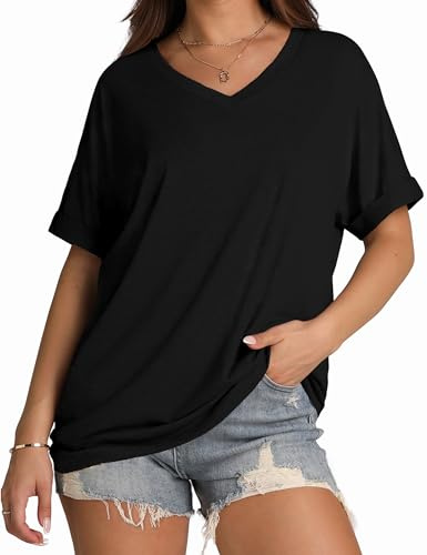 WIHOLL Womens Tops Plus Size Beach Vacation Clothes 2025 Summer Spring Oversized Short Sleeve Shirts V Neck Workout Black 2XL