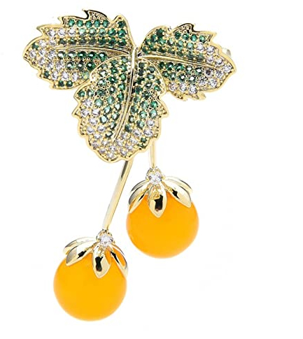 Brosche Damenmode-Accessoires, elegante Damen-Brosche mit gelben Kirschen, klassische Party-Brosche, fruchtförmige Brosche Damen-Brosche (Color : Green)