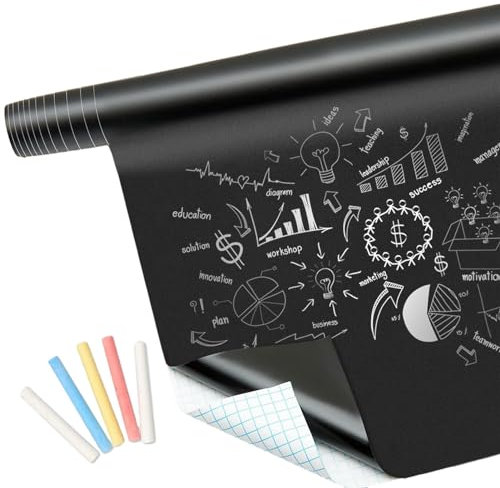 Furtryvl Chalkboard Paper, Blackboard Paper Chalkboard Sticker, Large Black Board Sticker, with 5 Colorful Chalks, for Home Kitchen Outdoor Office School Walls
