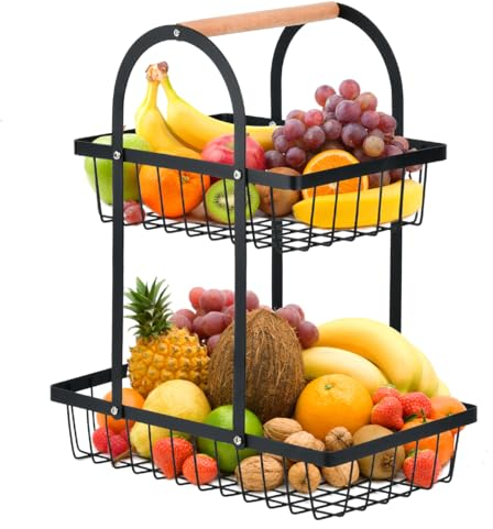 DODUOS Fruteros de Cocina 2 Pisos, Cesta de Frutas de 2 Niveles, Negro Frutero 2 Pisos Cesta de Cocina para Frutas y Verduras para Cocinar Aperitivos y Pan Verduras