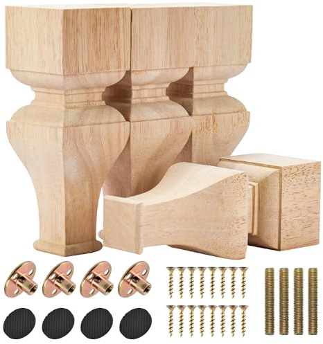 Btowin VCF 8 Inch / 20cm Wooden Furniture Legs, 4PCS Solid Wood Carved Geometry Sofa Legs Unfinished DIY Replacement Bun Feet with Mounting Plate & Screws for Sofa Cabinet Couch Table TV Stand